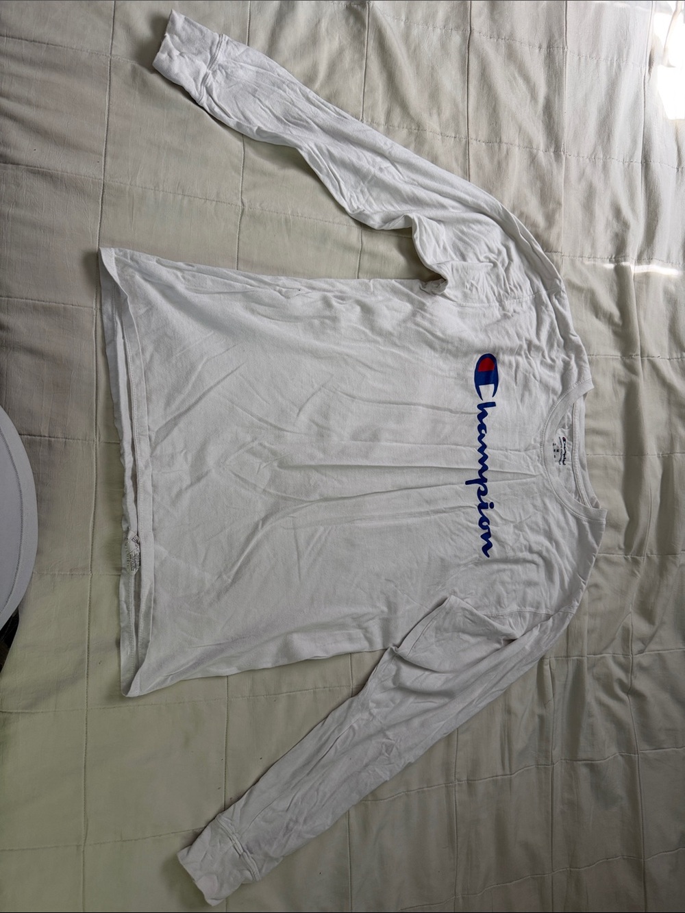 Champion White Long Sleeve Tee with Blue Script and Red Accent